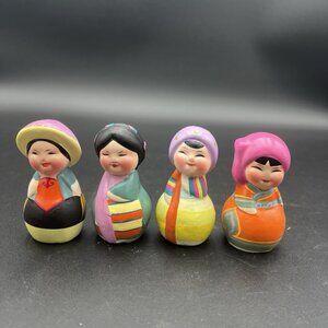Vintage 3" Wuxi Huisang Clay Figurines Chinese Ladies set of 4 Handpainted.